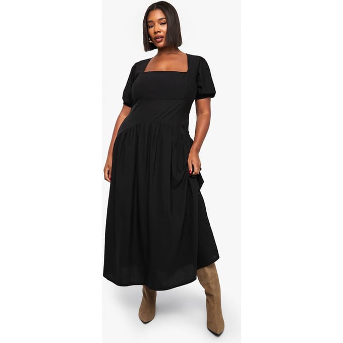 boohoo Dames Plus puffmouw maxi smock jurk | Black | Maat: 22