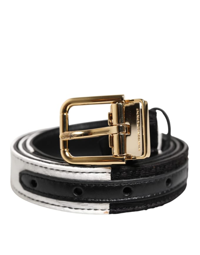 Dolce & Gabbana Zwart Witte Patchwork Gouden Metaal Gesp Riem