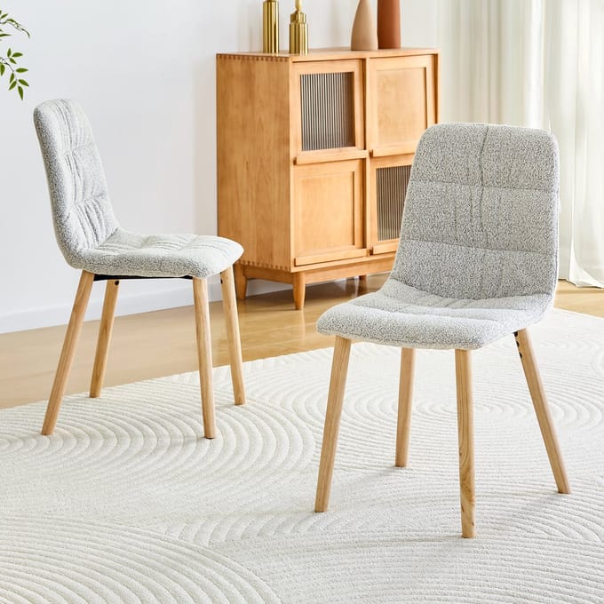 MODFU - Eetkamerstoel Set Van 2 - Geplooide Rugleuning - Ergonomisch - Scandinavisch - Eikenhout En Stof - Lichtgrijs
