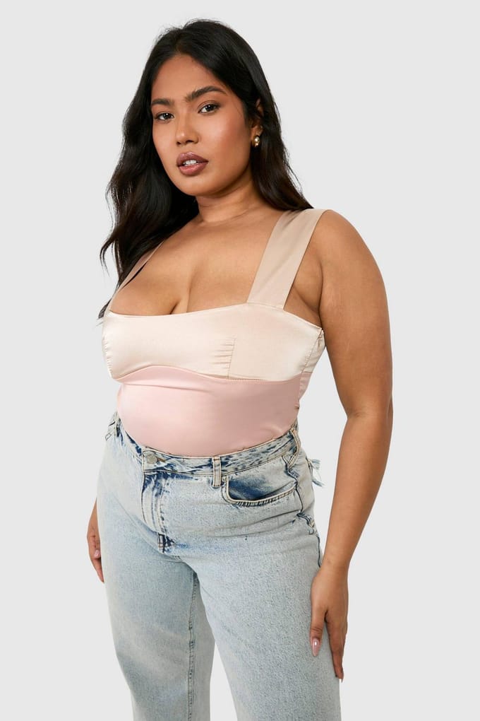 boohoo Dames Plus Cami-top met contrastdetails | Champagne | Maat: 46