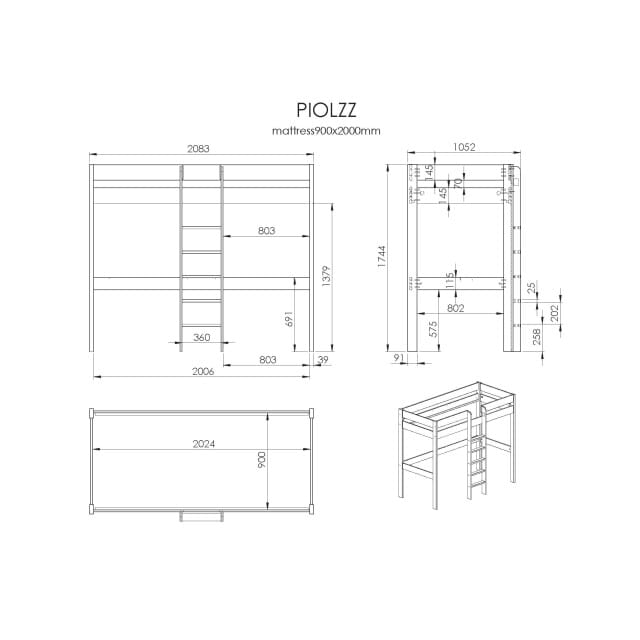 LUCEVI - Pino Hoogslaper + bureau 1400x200 cm - Grijs