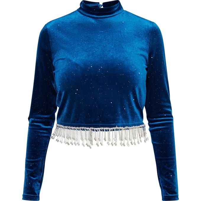 Faina Glittershirt van stretchfluweel Dames Smaragdblauw