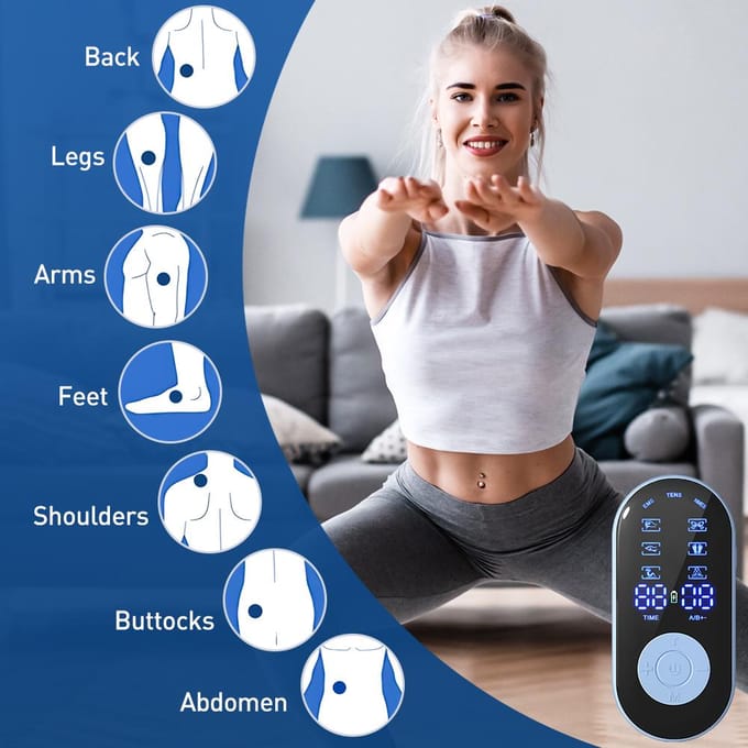 6 Modes TENS Stimulateur Musculaire Électrique Double Canal EMS NMES Réglable Massage Corps Entier Pour Dos Taille Genou bleu