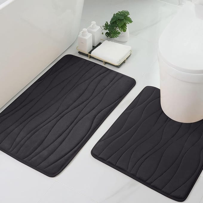 Set van 2 badmatten - absorberend - antislip - zwart - traagschuim