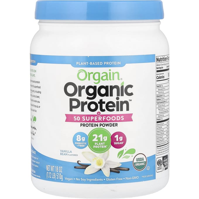 Orgain, Poudre de Protéines Bio™ + 50 Superaliments, Végétale, Gousse de Vanille, 1,12 lb (510g)