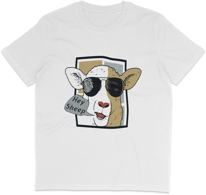 Grappig Dames en Heren T Shirt - Cartoon Schaap - Tekst: Hey Sheep - Wit - S