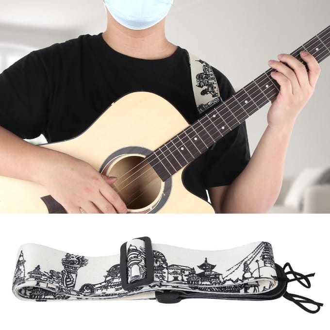 Leren Schouderband Zwart Wit Geprint Verstelbare Lengte Duurzaam voor Bas Folk Gitaar white