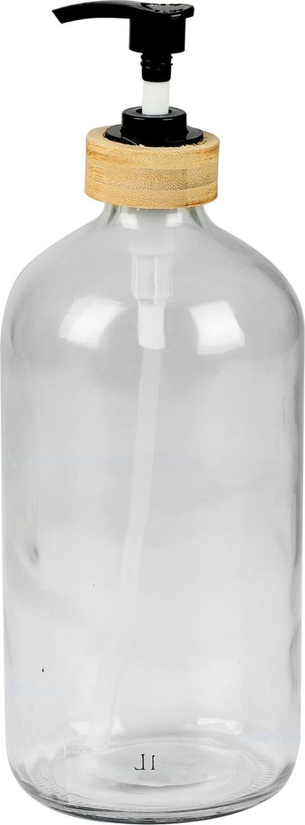 Urban Living Zeeppompje/zeepdispenser - glas/bamboe - transparant - 1 liter - 24 cm