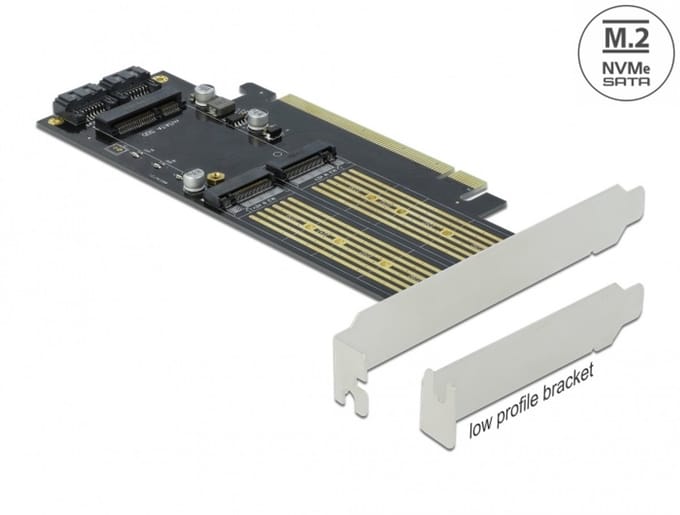 Delock PCI Express x16 Card to 1 x M.2 Key B + 1 x NVMe M.2 Key M + 1 x mSATA - Low Profile Form Factor