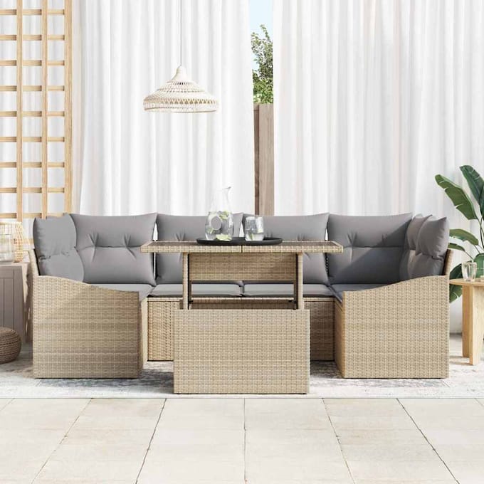 vidaXL - Tuinbank - Set - 7 - st - Beige - en - Lichtgrijs - poly - rattan