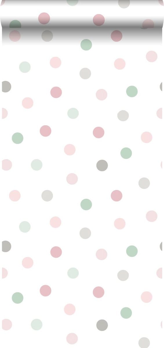 ESTAhome behang stippen roze, groen en grijs - 53 cm x 10.05 m - 139040
