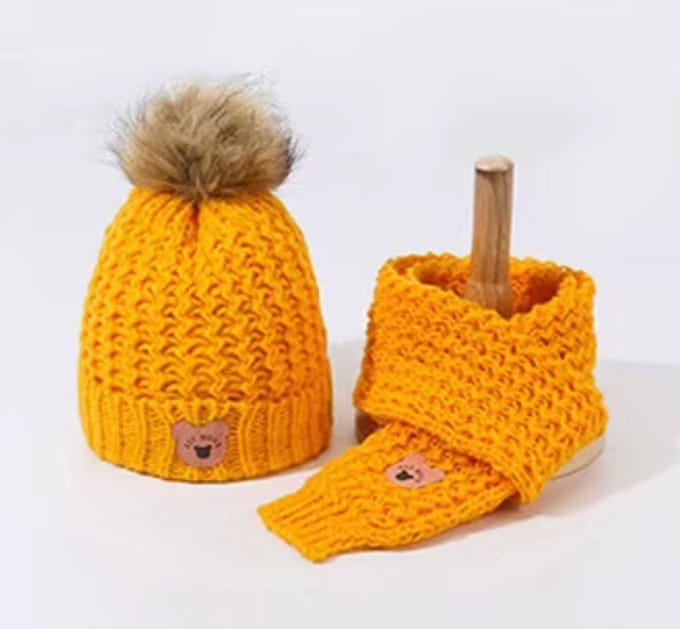 2 in 1 kindermuts sjaal set - meisjes - jongens - winter - gebreide muts, kinderen 2-7 jaar, Geel