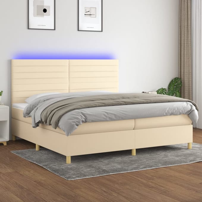 vidaXL - Boxspring - met - matras - en - LED - stof - crèmekleurig - 200x200 - cm