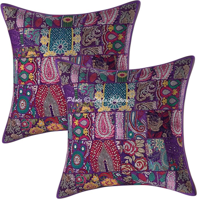 Set van 2 Boheemse Patchwork Kussenhoezen 60x60 cm - Vintage Geborduurde Katoenen Sierkussens