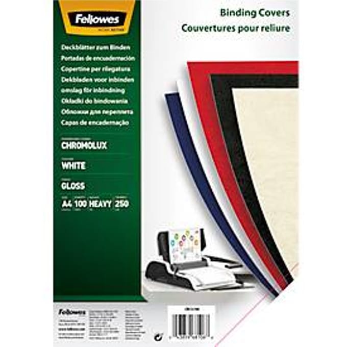 Fellowes dekblad Chromolux, karton, A4, voor draad- en plasticinbindmachines, wit, 250 g, 100 stuks