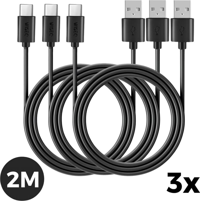 3x USB naar USB C kabel 2 meter - set van 3 - USB C snellaadkabel en USB A datakabel - geschikt voor Apple iPhone, Samsung en Huawei - zwart - WiseQ