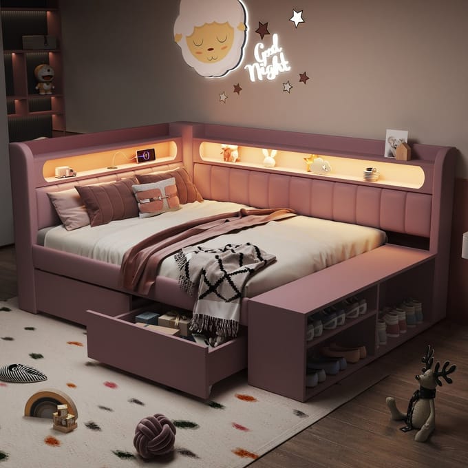 MODFU Gestoffeerd Dagbed 90x200 cm – Met USB & LED – 2 laden & schoenenkast – MDF – Roze