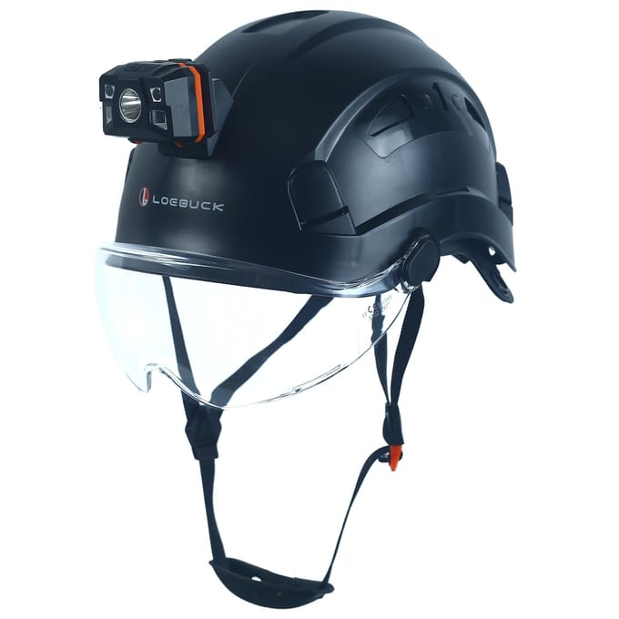 Casque de sécurité LOEBUCK avec lunettes et phare LED, Casque de protection industriel pour travaux de construction 53-64cm black