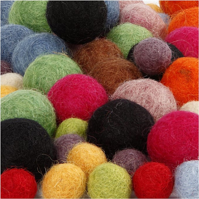 Wol kralen, d 10+20 mm, diverse kleuren, 52 stuk/ 1 doos