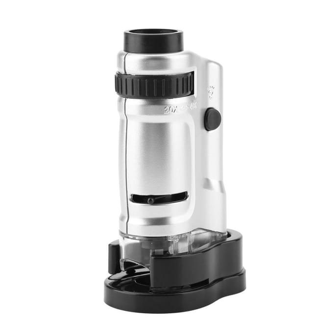 Microscope de poche miniature éclairé par LED avec zoom 20x40x et base