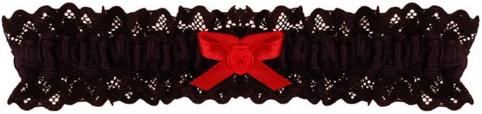 Kousenband Zwart met Broderie & Rood Strikje met Roosje - 33cm Elastisch