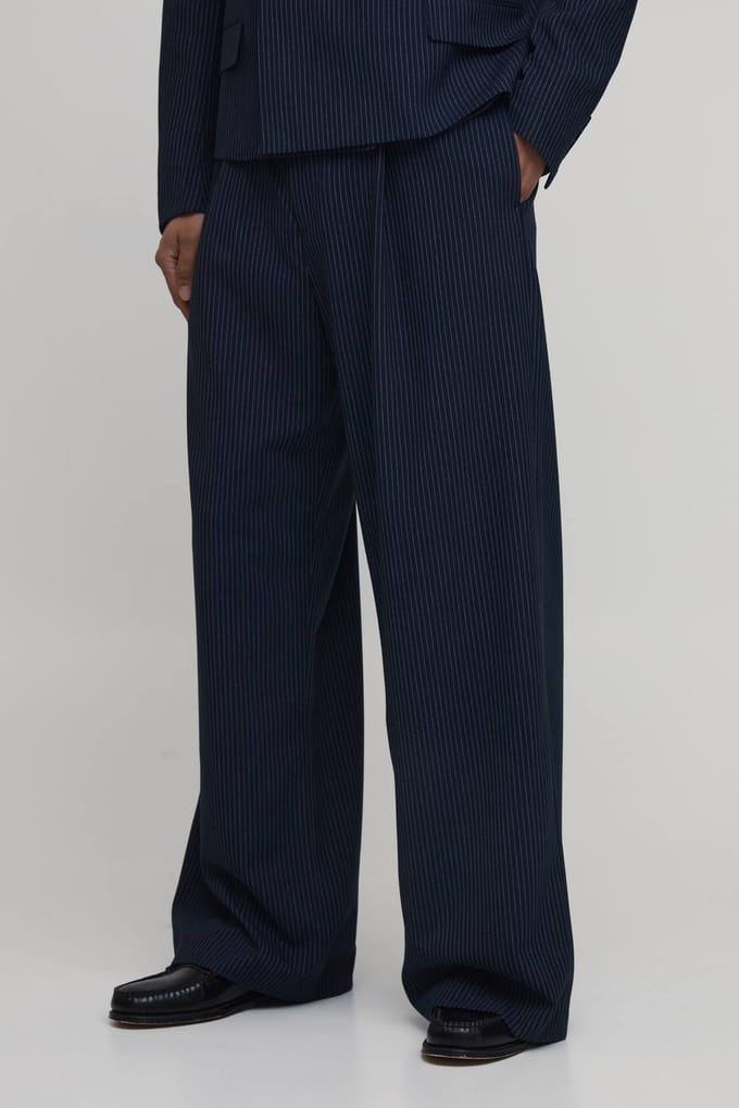 Gestreepte Wijde Pijpen Plooivoorkant Gesneden Pantalon | Navy | Size 36