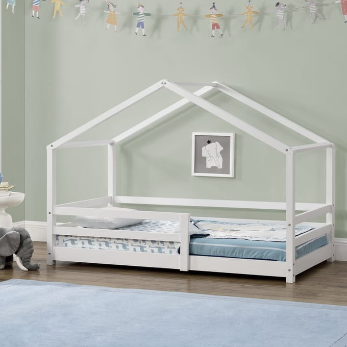 Kinderbed huisbed met uitvalbeveiliging 90x200 wit