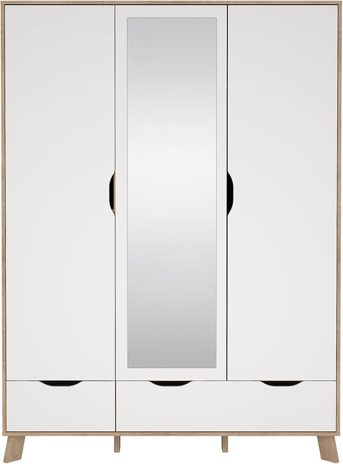 Ikast kledingkast 201x148x58cm, 2 deuren, 1 spiegeldeur, 2 lades eiken decor, wit.