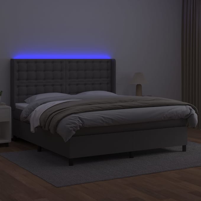 vidaXL - Boxspring - met - matras - en - LED - kunstleer - grijs - 160x200 - cm