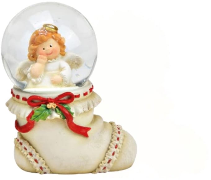Sneeuwbol engeltje op witte kerstsok met rode strik 6x8x4cm