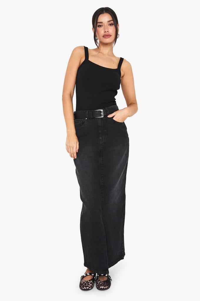boohoo Dames Tall Denim Midaxi-rok | Washed Black | Maat: 42