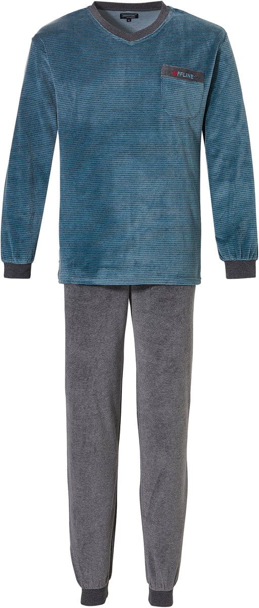 Outfitter Heren Pyjama Set Velours Grijs/Blauw - Maat XXL