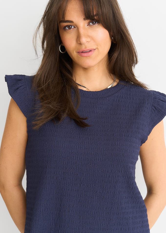 Donkerblauwe Top met Rimpel Mouwen in Textuur en Oversized Pasvorm