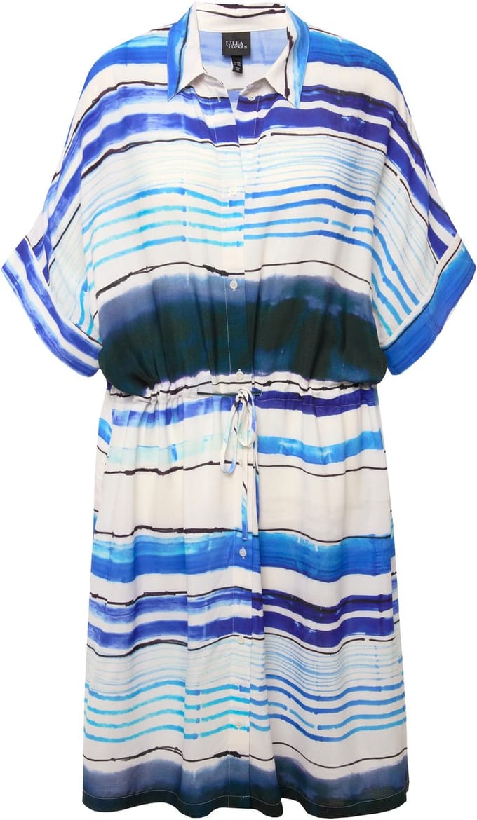 Ulla Popken - Dames - Midi-jurk strepen oversized overhemdkraag halve mouwen - Marine - Maat 46+