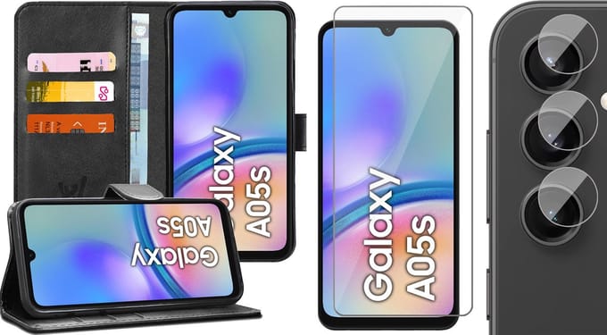 Hoesje geschikt voor Samsung Galaxy A05s - Screenprotector Glas & Camera - Portemonnee Book Case Zwart