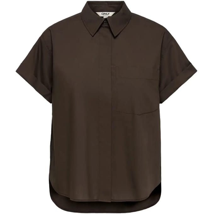 Only bruine dames blouse   Punt kraag   Regular fit   Borstzakken   Blinde knoopsluiting   Korte mouw Bruin M