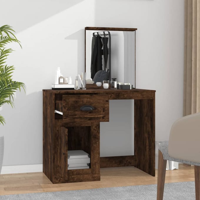 vidaXL - Kaptafel - met - spiegel - 90x50x132,5 - cm - bewerkt - hout - gerookt - eiken