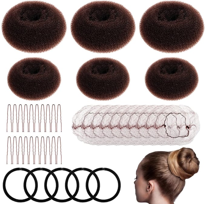 Dailygoods- Knotkussen Set - 6 Stuks (3 Medium + 3 Klein) - Haarknot Maker - Pluche Haaraccessoires - Inclusief 5 Elastische Haarbanden - 20 Haarspelden