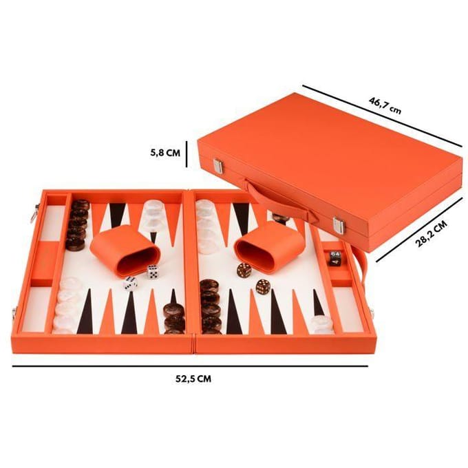 Backgammon 18" oranje in kunstlederen koffer - Longfield