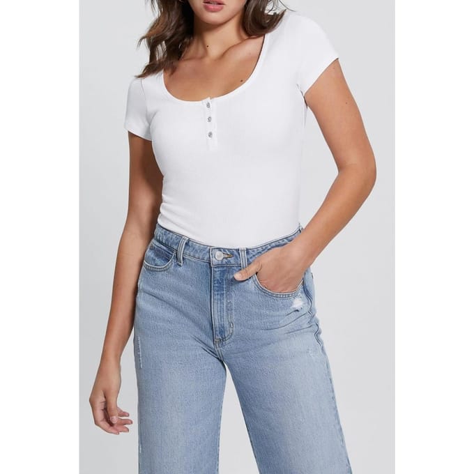 GUESS Ss Karlee Jewel Btn Pure White Taglia: M | Maglie Sportivi Outlet | Donna | Bianco