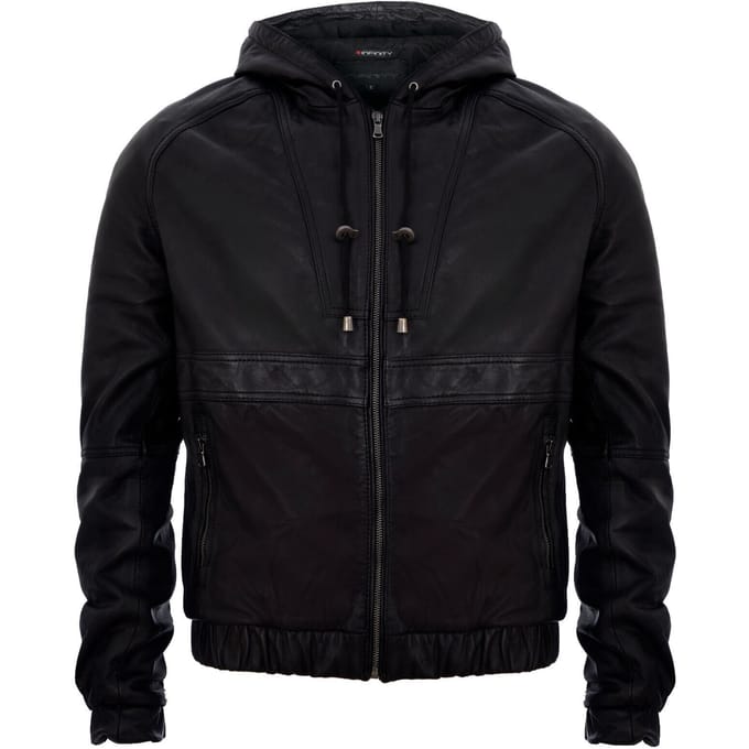 Leren bomber-bikerjack met rits en capuchon