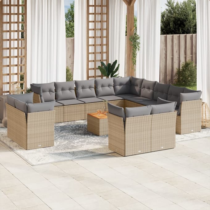 vidaXL - 14-delige - Loungeset - met - kussens - poly - rattan - gemengd - beige