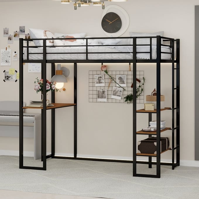 REDOM Hoogslaper – Van metaal – Met bureau & trap – Zwart