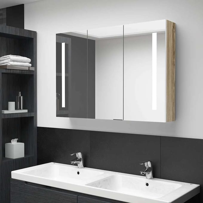 vidaXL - Badkamerkast - met - spiegel - en - LED - 89x14x62 - cm - wit - en - eikenkleurig