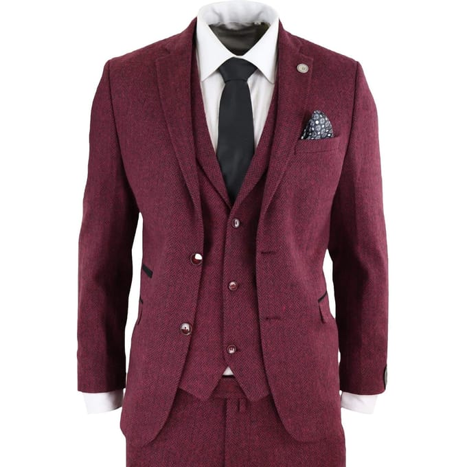 Heren 3-delig wijnvisgraatwol tweed retro pak