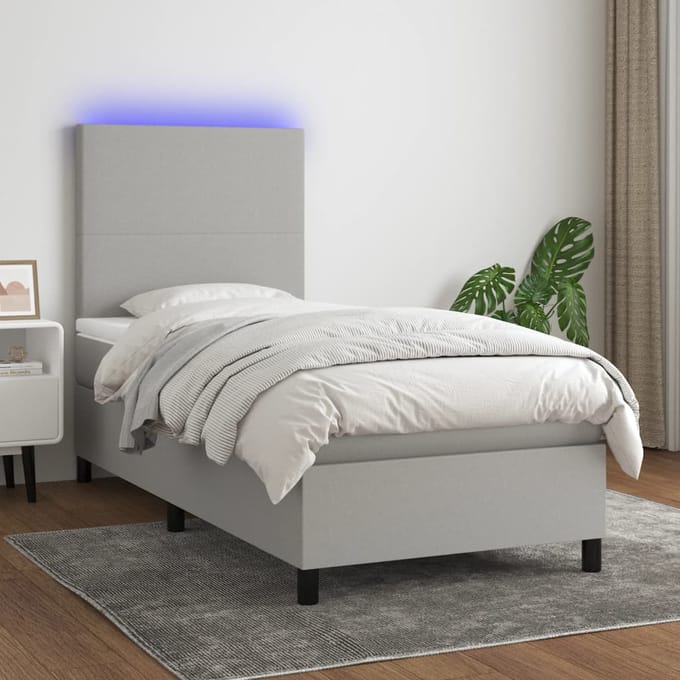 vidaXL - Boxspring - met - matras - en - LED - stof - lichtgrijs - 90x200 - cm