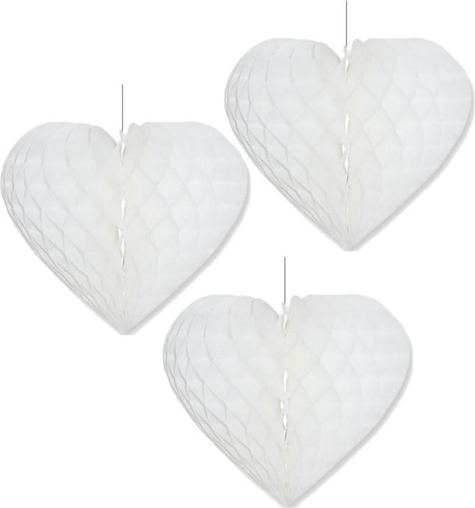 Bellatio Decorations Ophang hartjes - 3 stuks - papier - wit