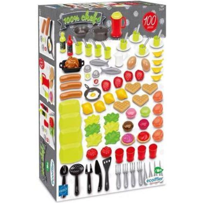 Ecoiffier 100% Chef doos met eten en servies - 100-delig