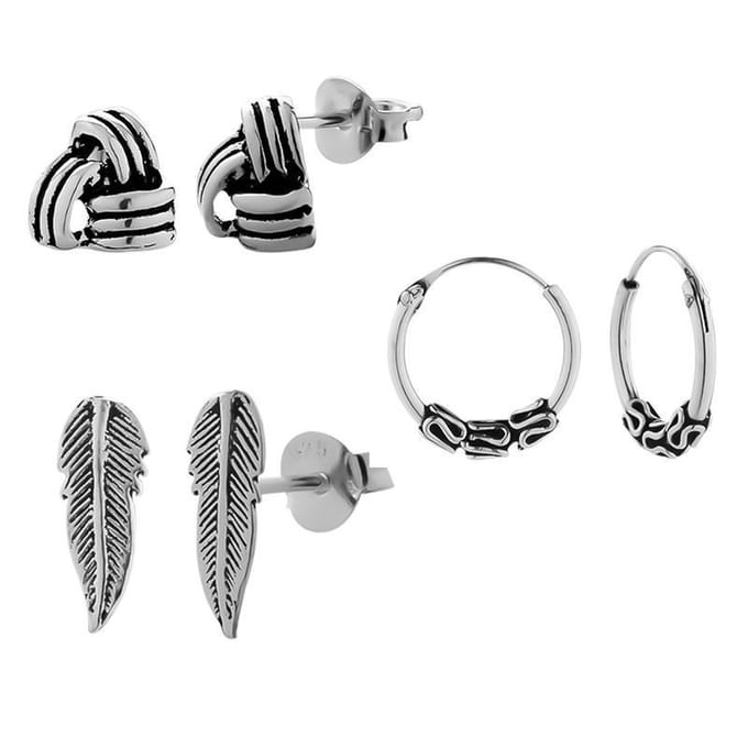 Zilveren oorbellen set - Bali hoops - veertje - knoop