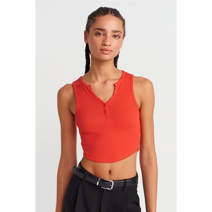 Dames Geribde Cropped Blouse Met Knopen